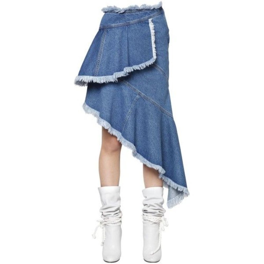 Philosophy Asymmetrical Frayed Cotton Denim Skirt